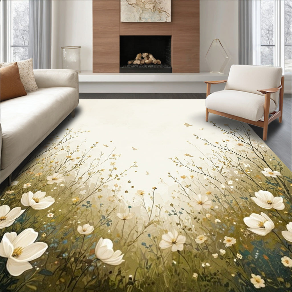 Whimsical Floral Meadow Bird Pattern Rug