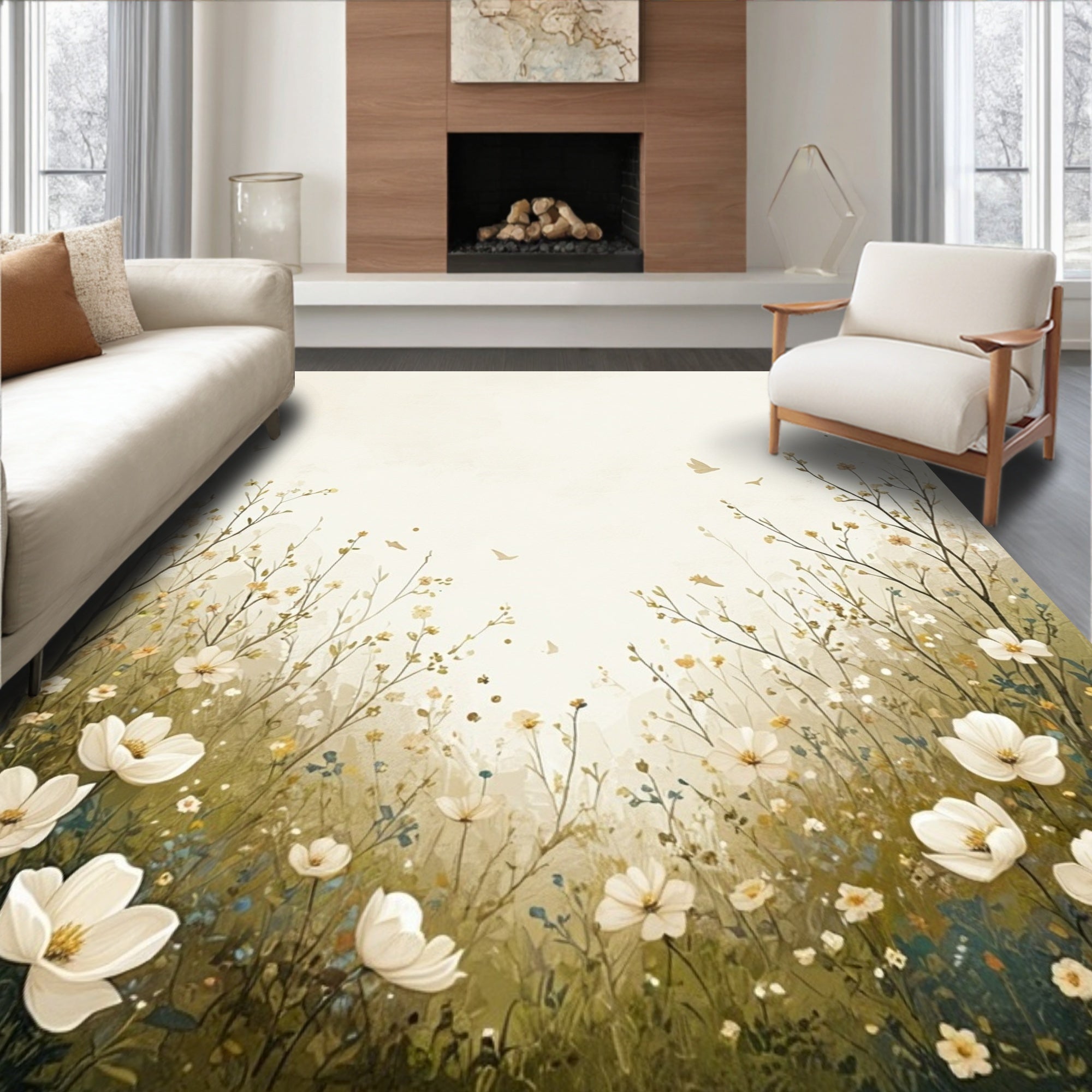 Whimsical Floral Meadow Bird Pattern Rug