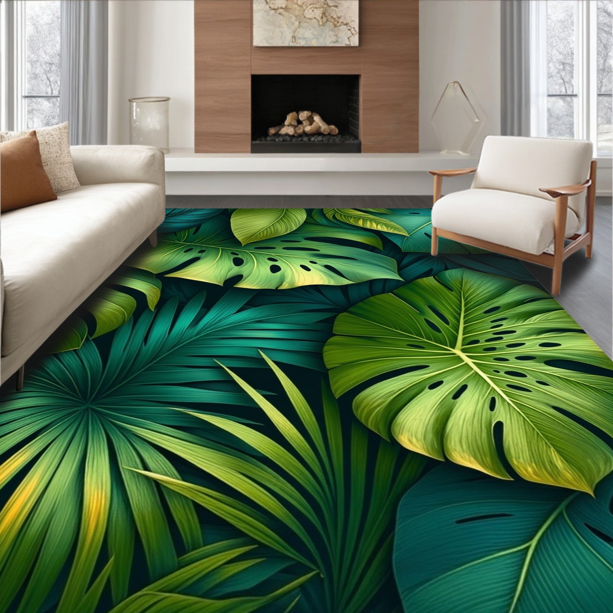 Lush Tropical Leaf Pattern Rug