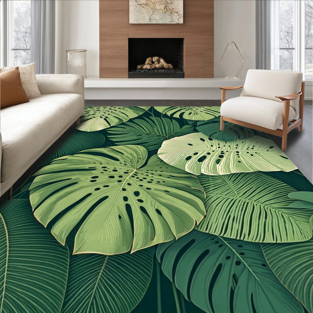 Lush Green Tropical Leaf Pattern Rug