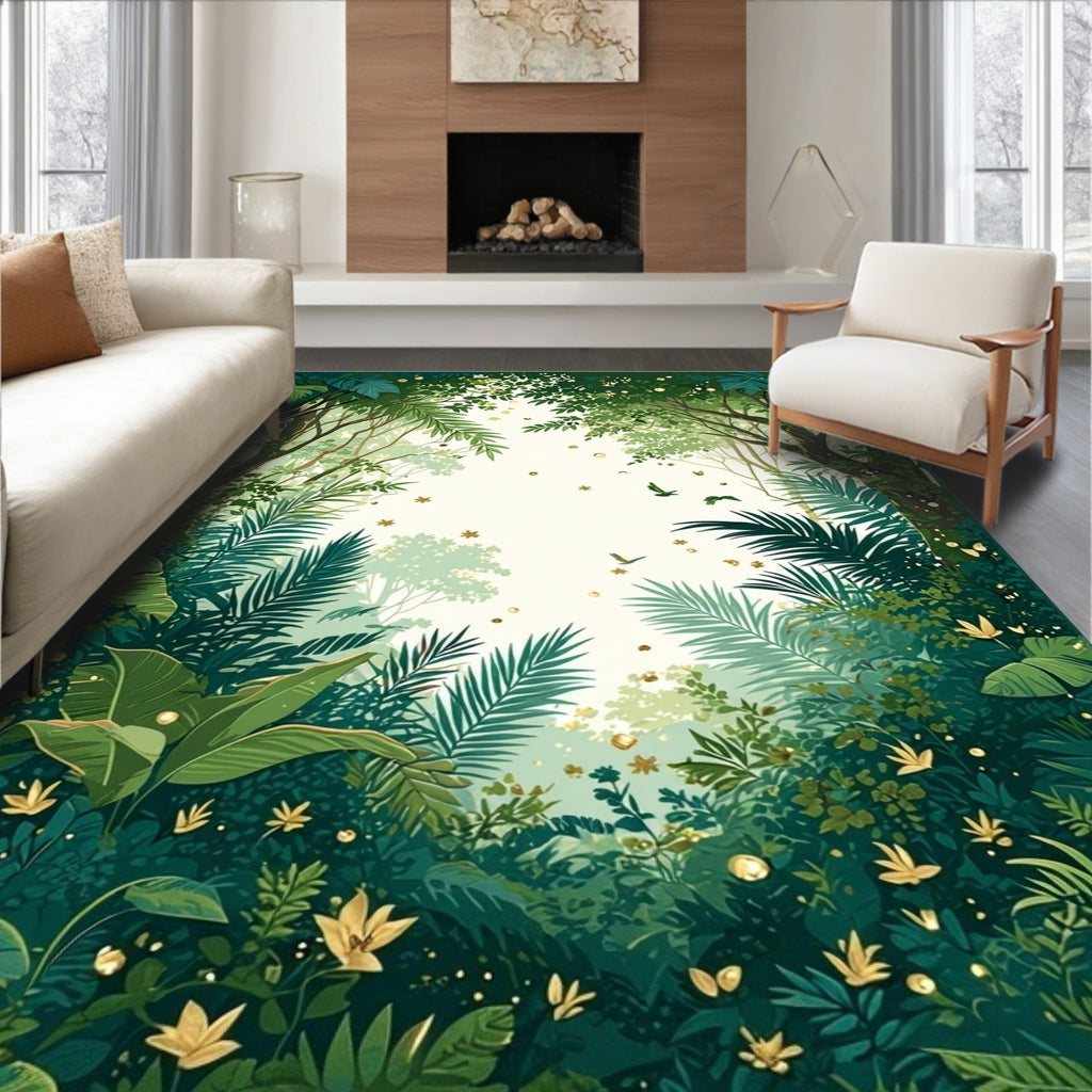 Lush Tropical Forest Birds Flowers Rug