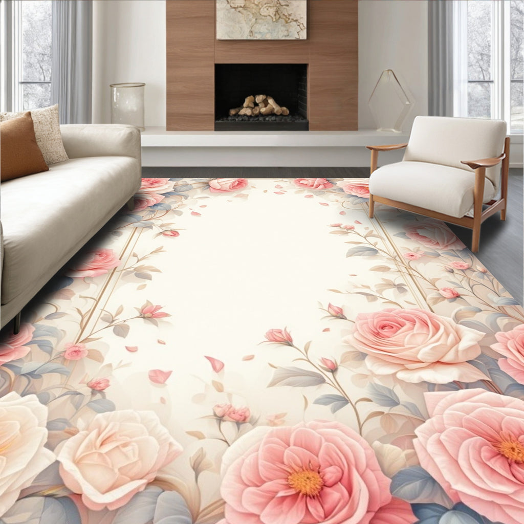 Soft Pink Rose Garden Floral Rug