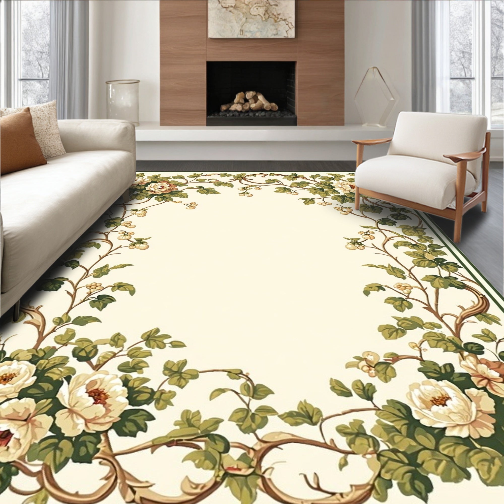 Antique Floral Vine Border Design Rug