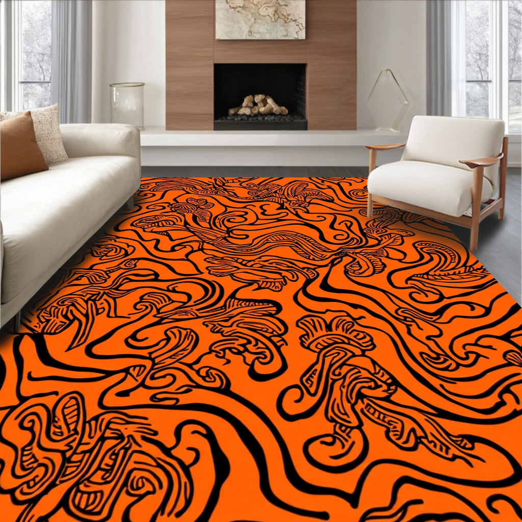 Abstract Black Floral Swirl Pattern Rug