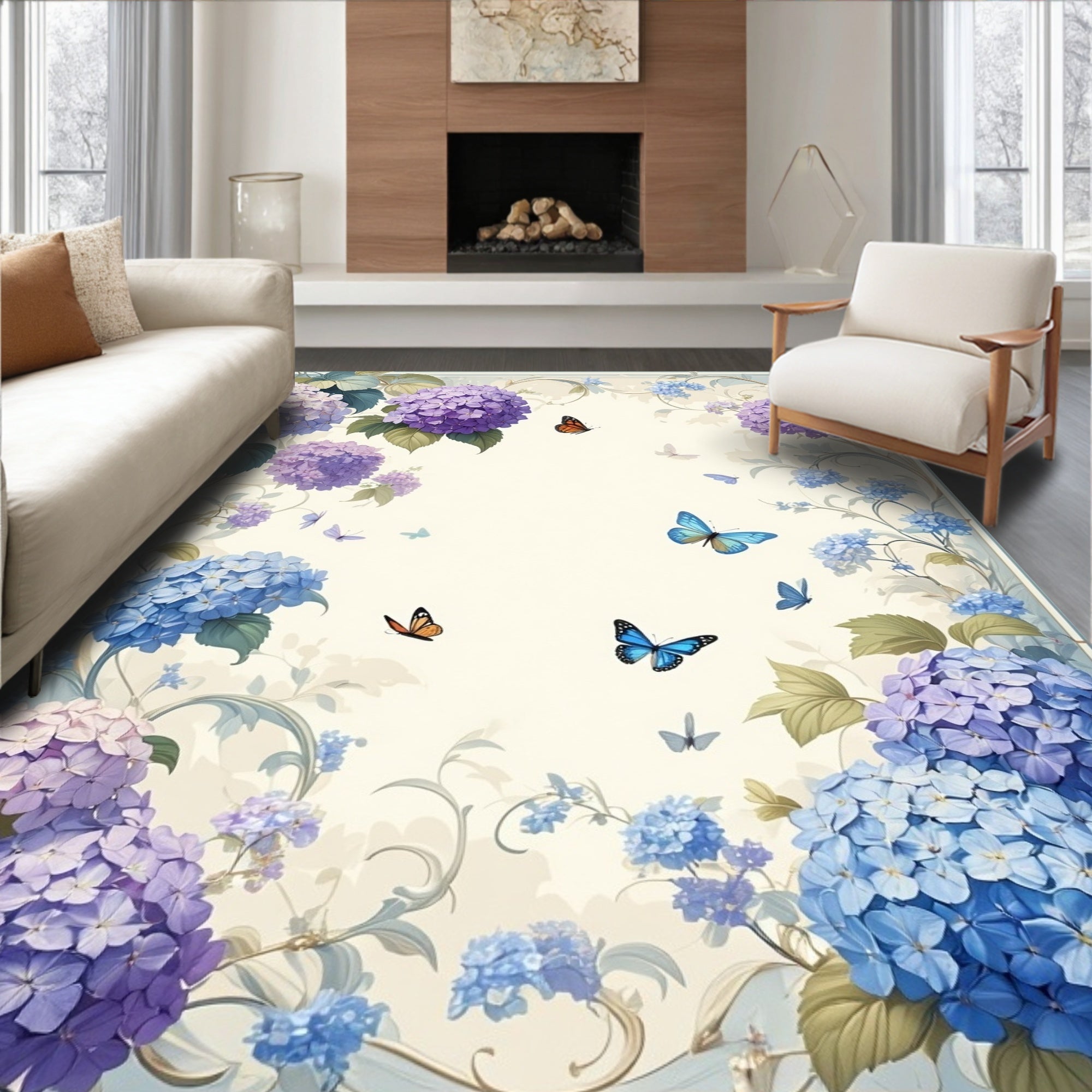 Floral Hydrangea Butterfly Painting Rug