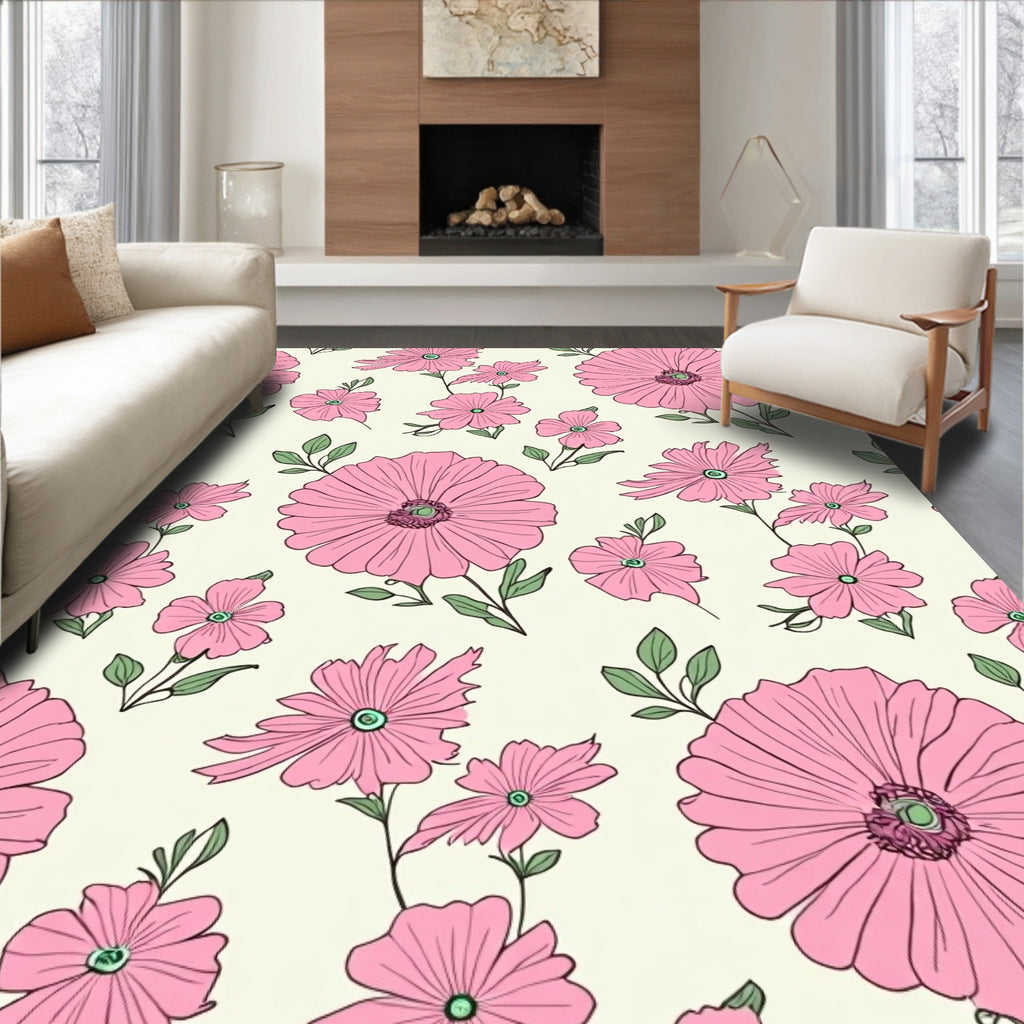 Pink Floral Outline Pattern Design Rug