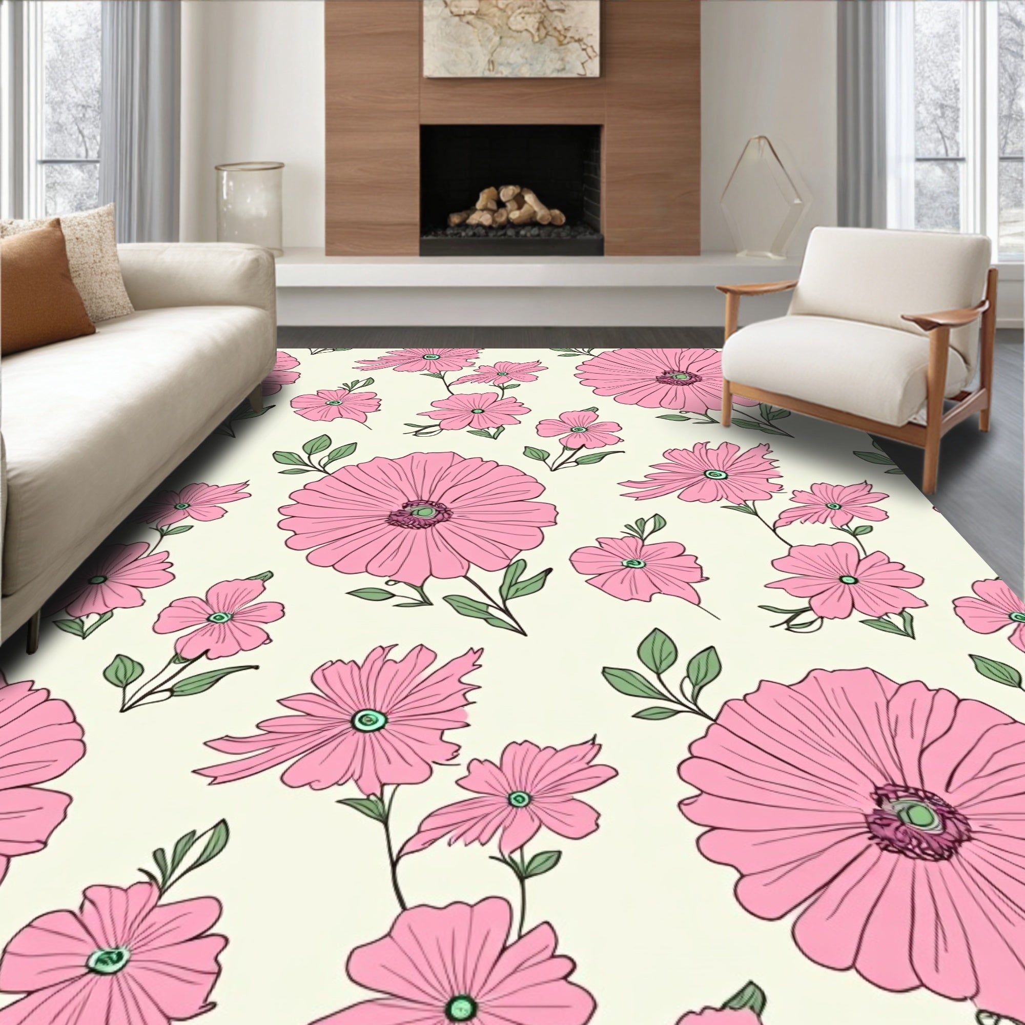 Pink Floral Outline Pattern Design Rug
