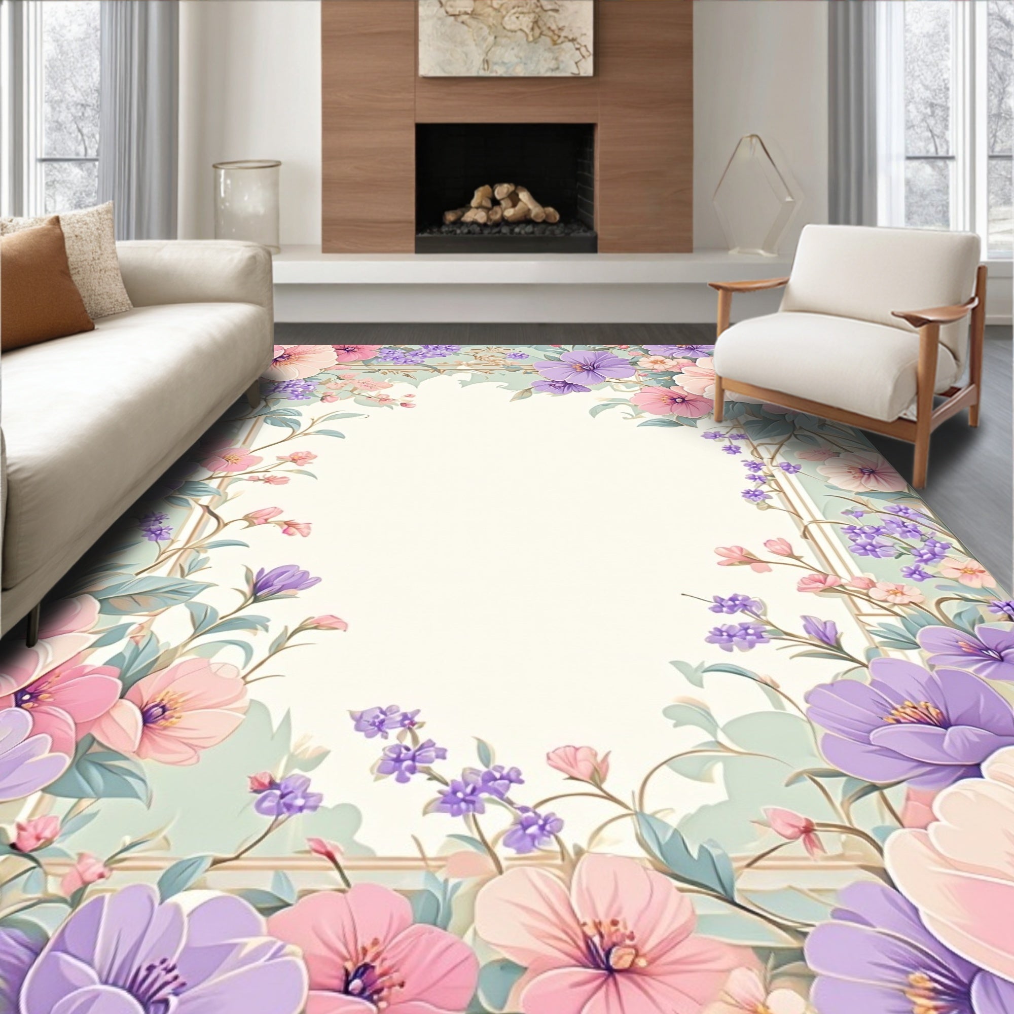 Pastel Floral Garden Frame Rug