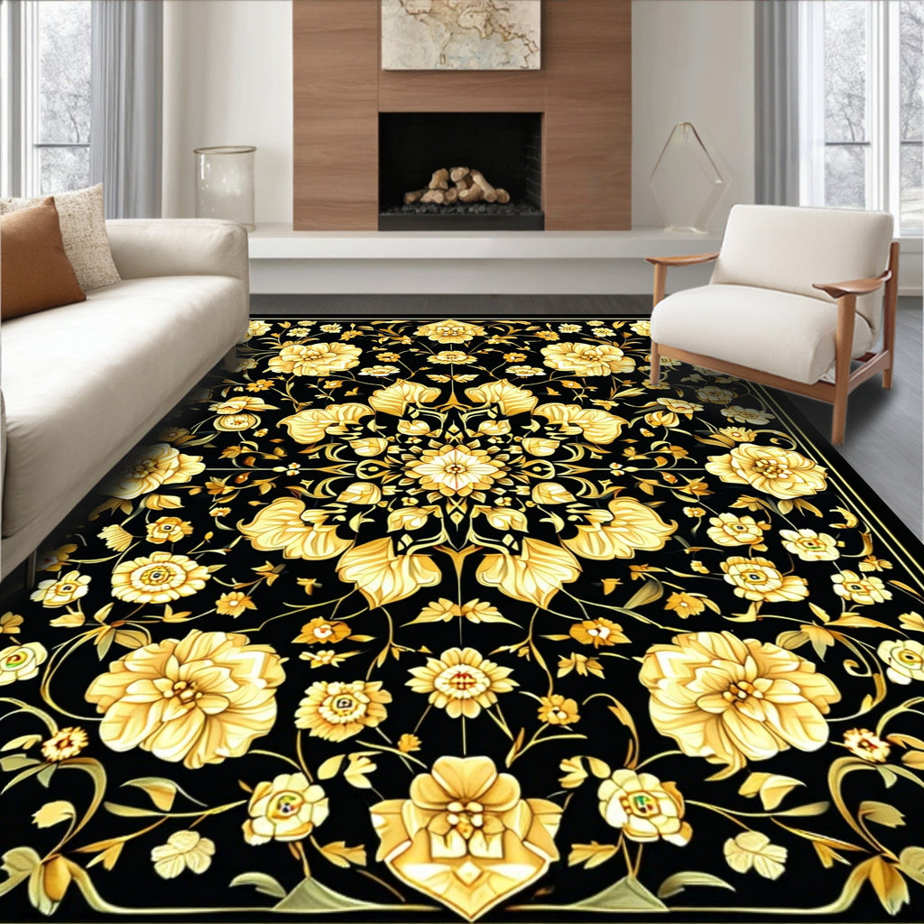 Golden Floral Symmetry Pattern Rug