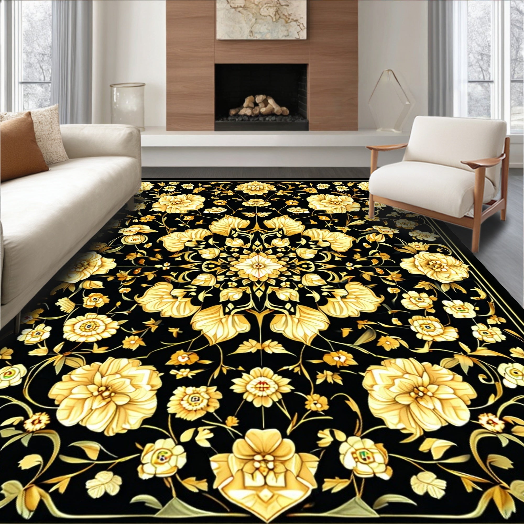 Golden Floral Symmetry Pattern Rug