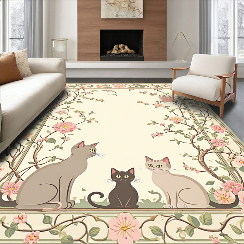 Whimsical Cats Pink Floral Border Rug