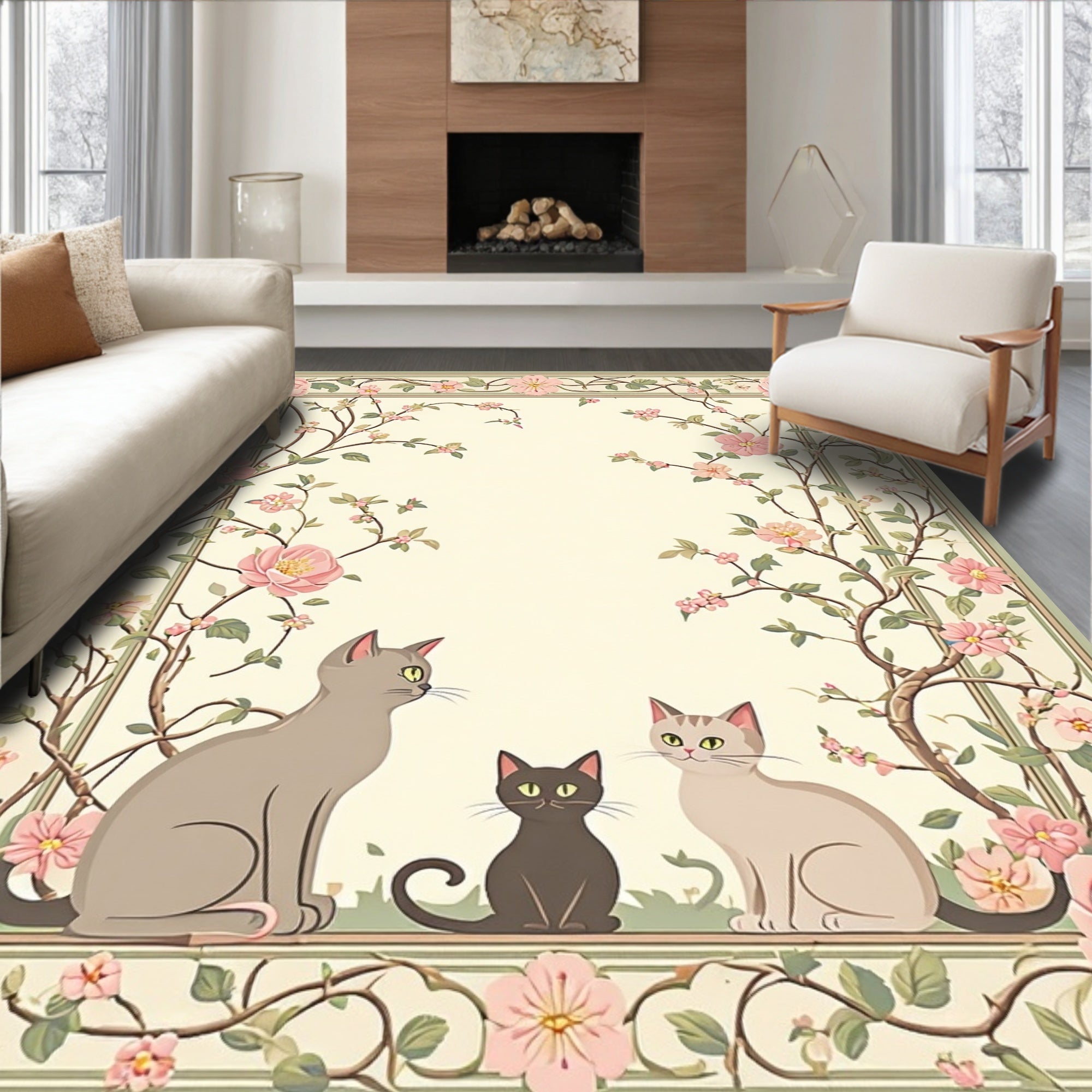 Whimsical Cats Pink Floral Border Rug