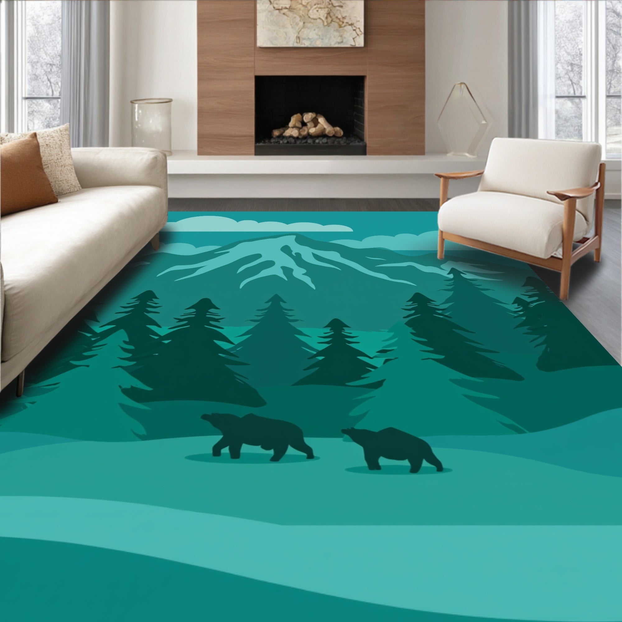 Mountain Forest Bears Scenic Design Rug
