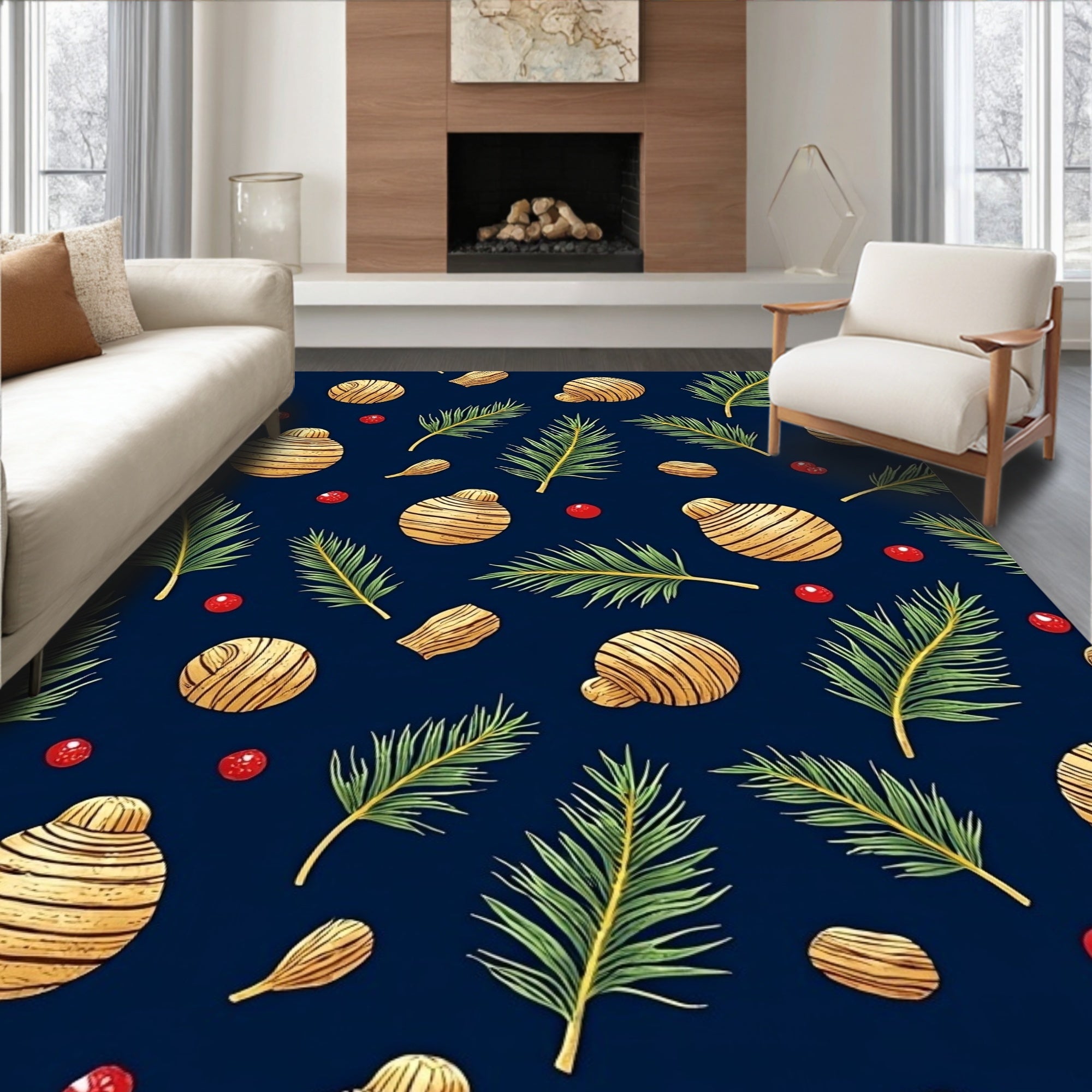 Golden Bauble Pine Leaf Holiday Rug