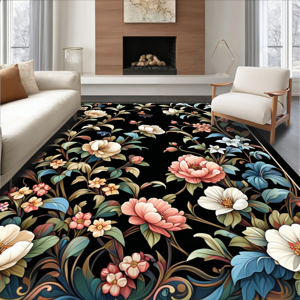Dark Floral Vines Blossoms Rug