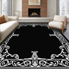 Ornate White Floral Scrollwork Border Rug