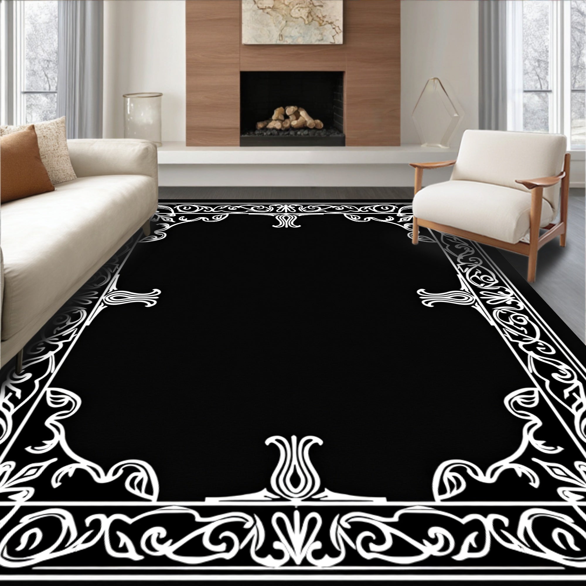 Ornate White Floral Scrollwork Border Rug