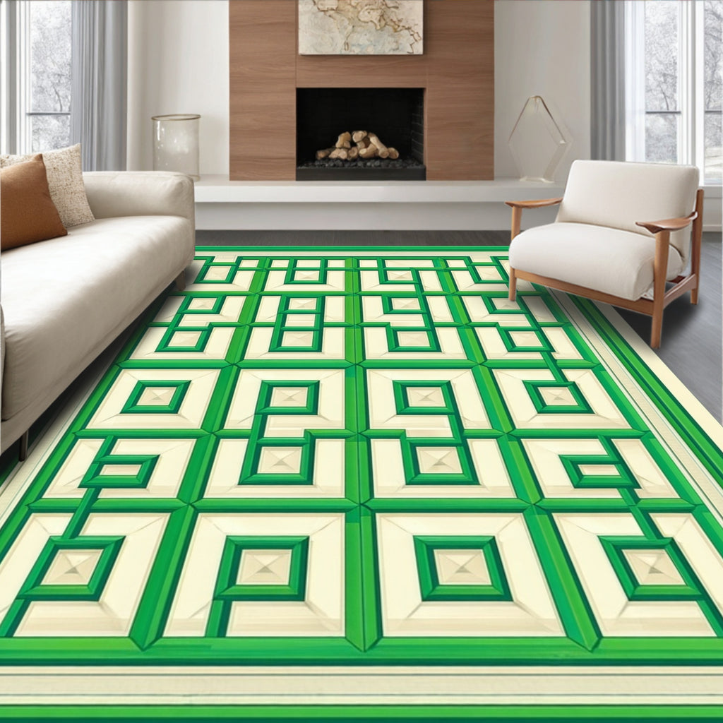 Green Geometric Trellis Pattern Rug