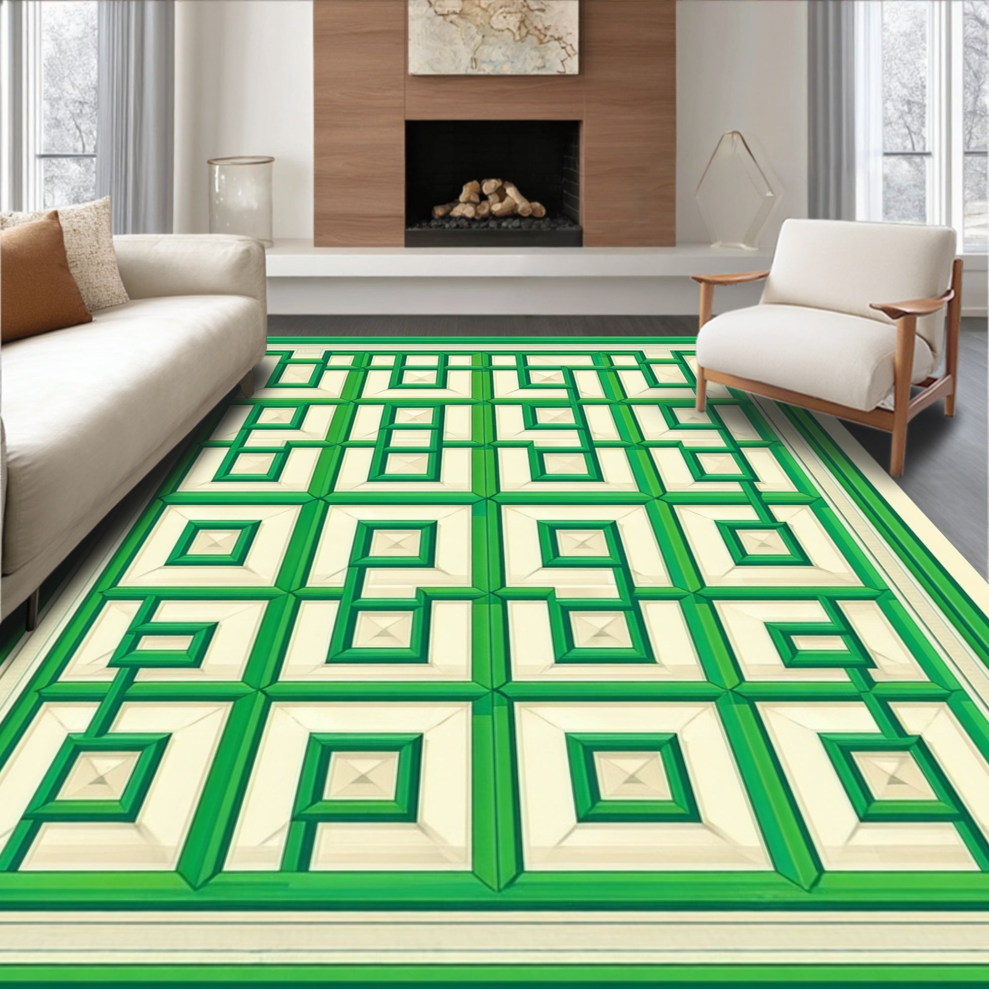 Green Geometric Trellis Pattern Rug