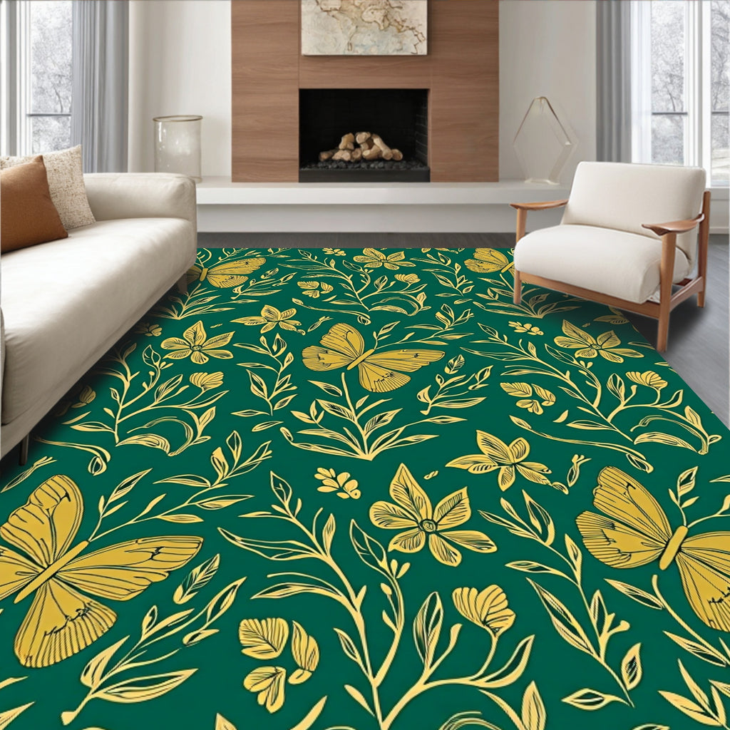 Golden Butterfly Emerald Garden Rug