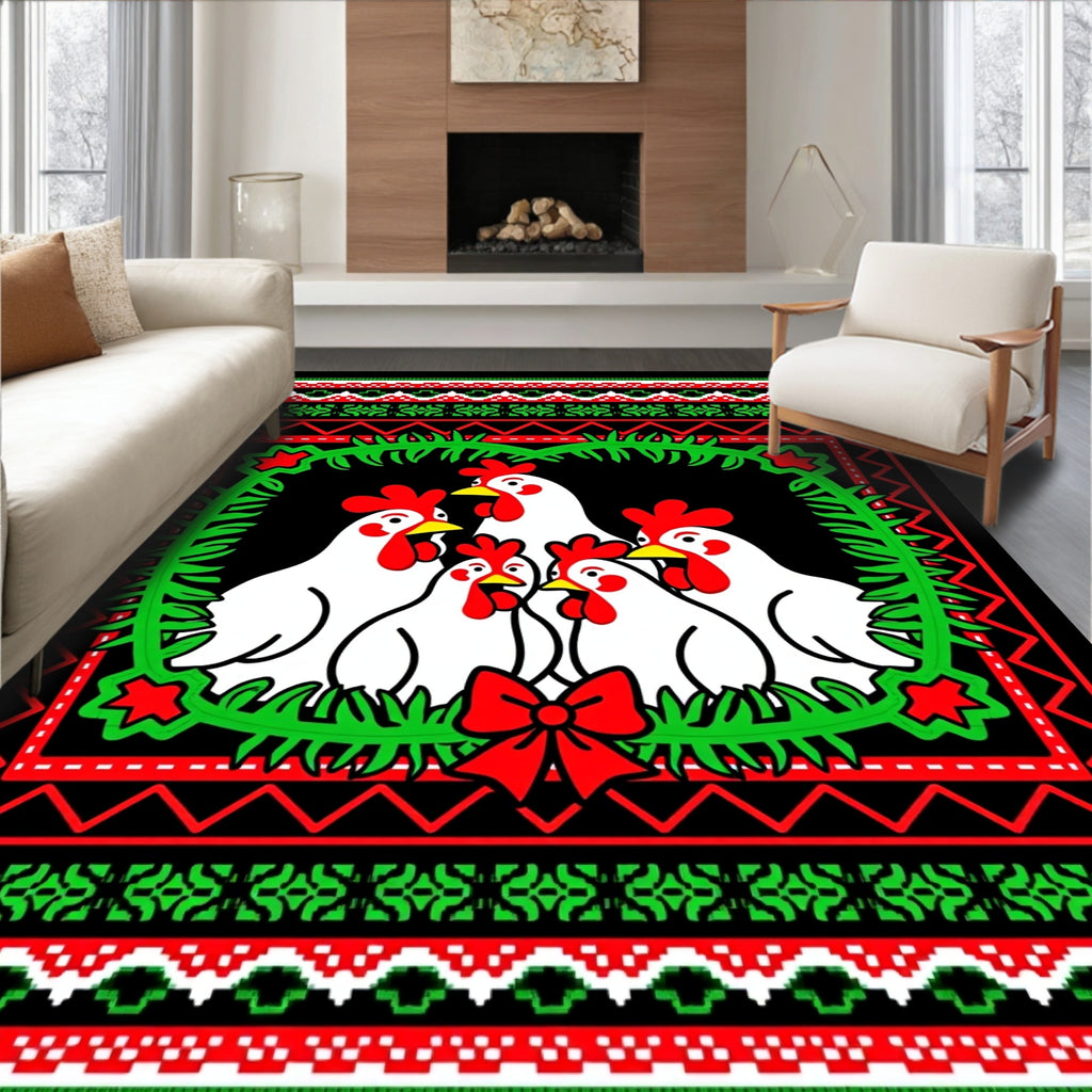 Christmas Chickens Wreath Red Green Rug