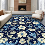 Ornate Floral Scrollwork Navy Cream Rug