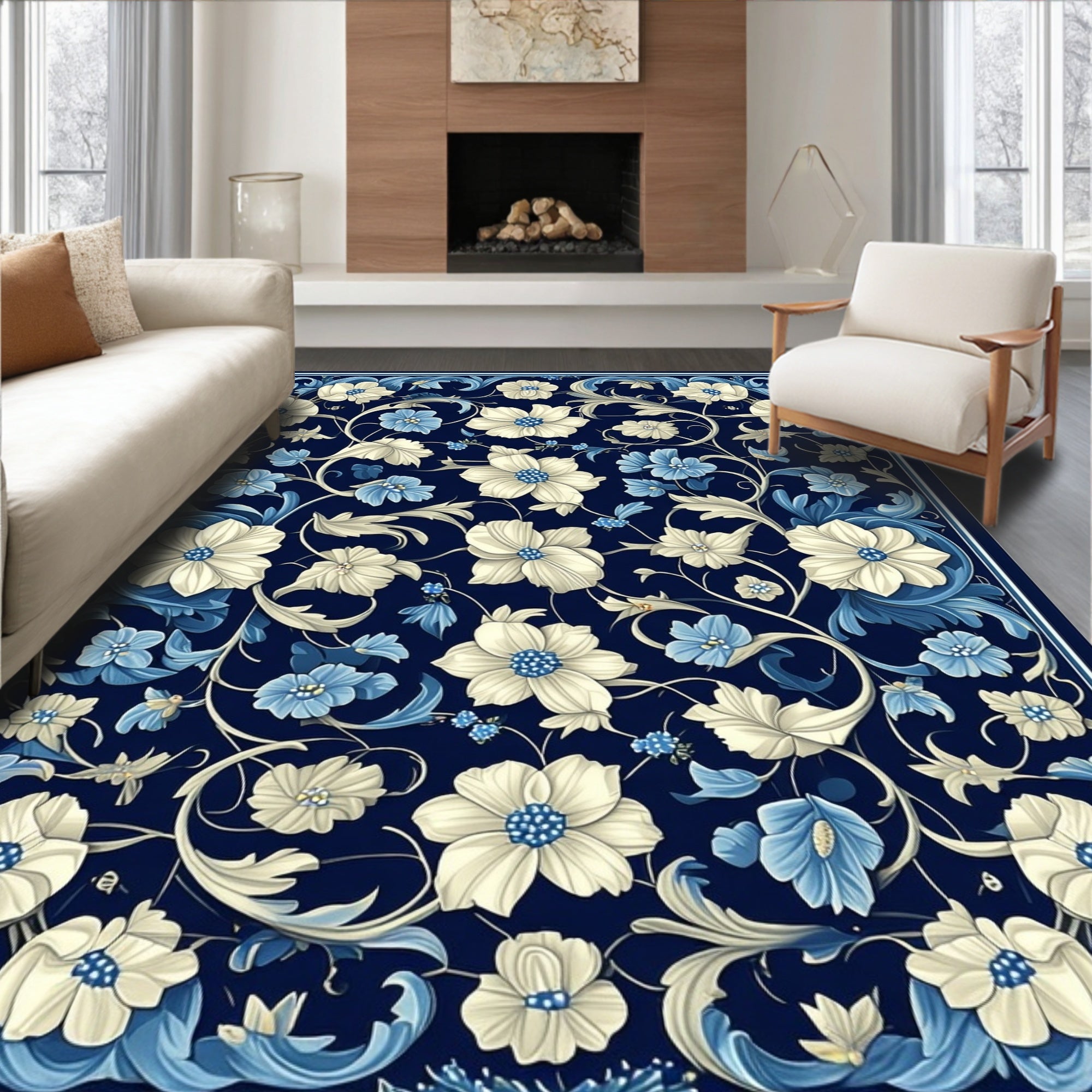 Ornate Floral Scrollwork Navy Cream Rug