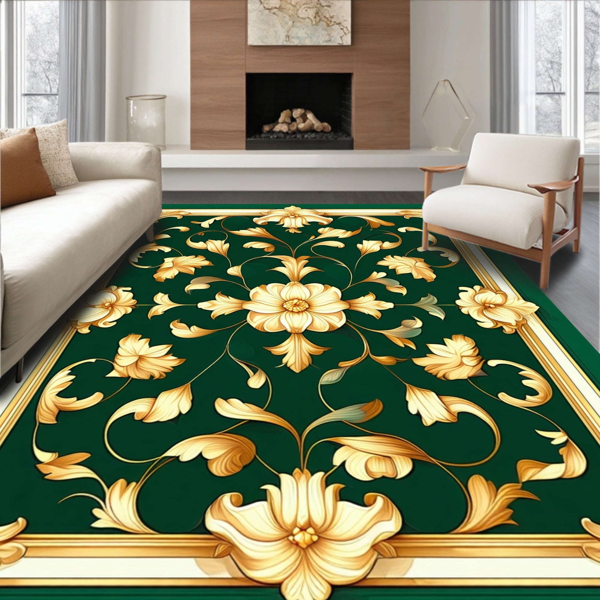 Gold Floral Scroll Patterned Design Rug