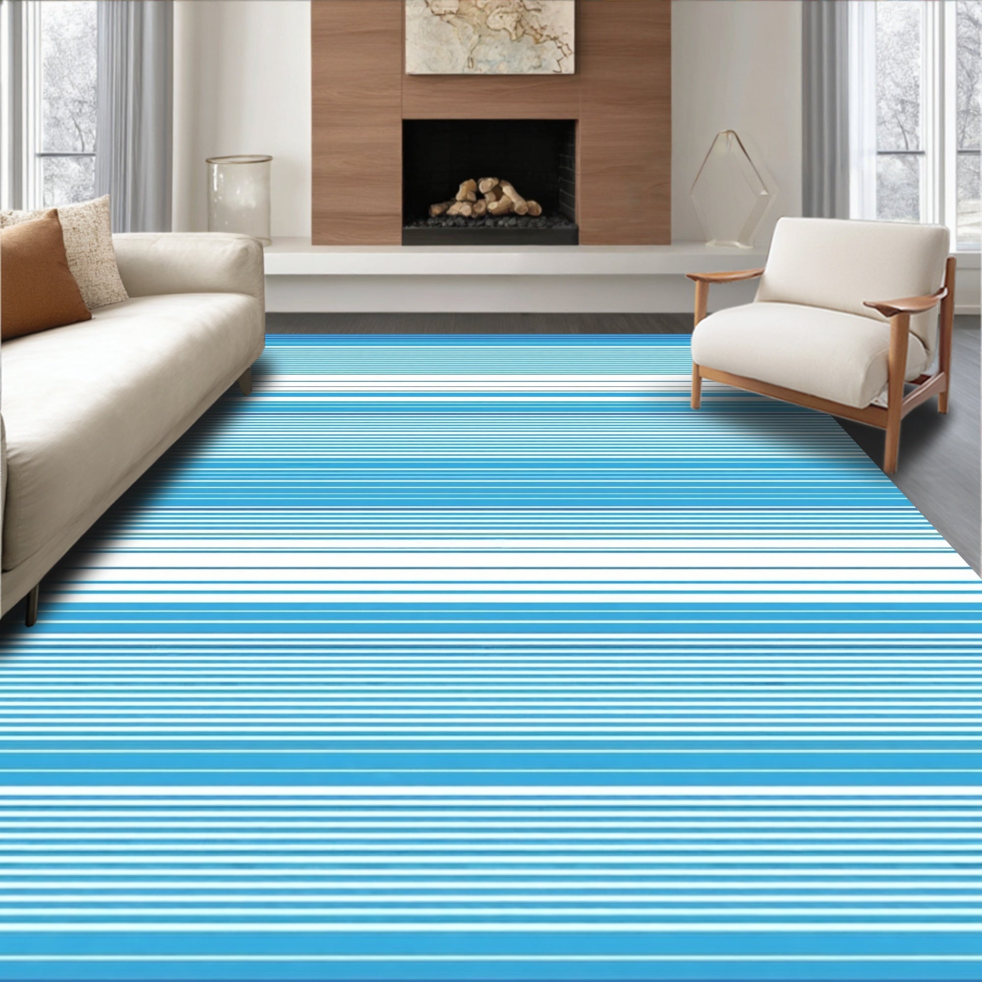 Modern Blue White Striped Pattern Rug