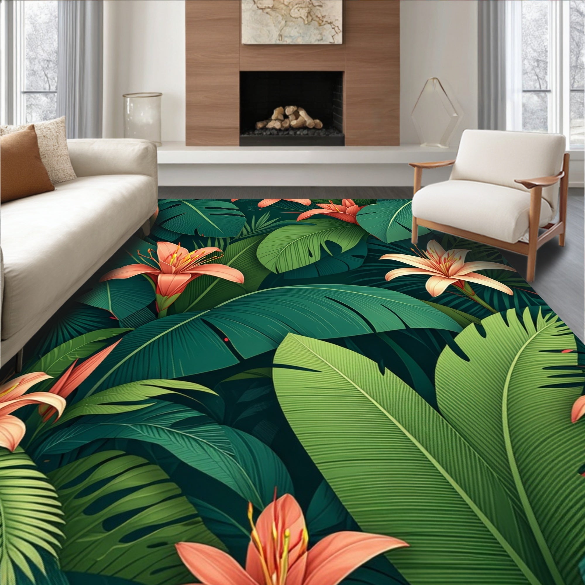 Lush Tropical Floral Leafy Design Rug