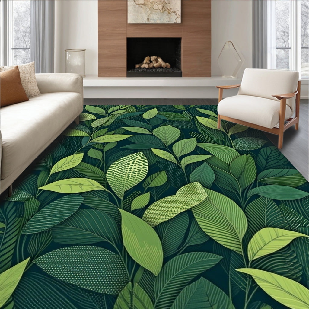 Deep Green Leaf Botanical Pattern Rug