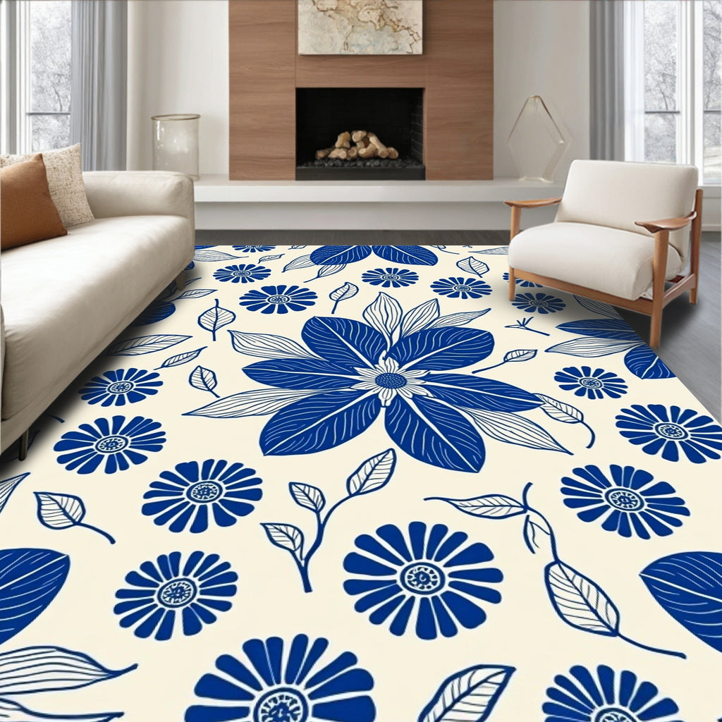 Blue Floral Outline Cream Pattern Rug