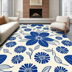 Blue Floral Outline Cream Pattern Rug