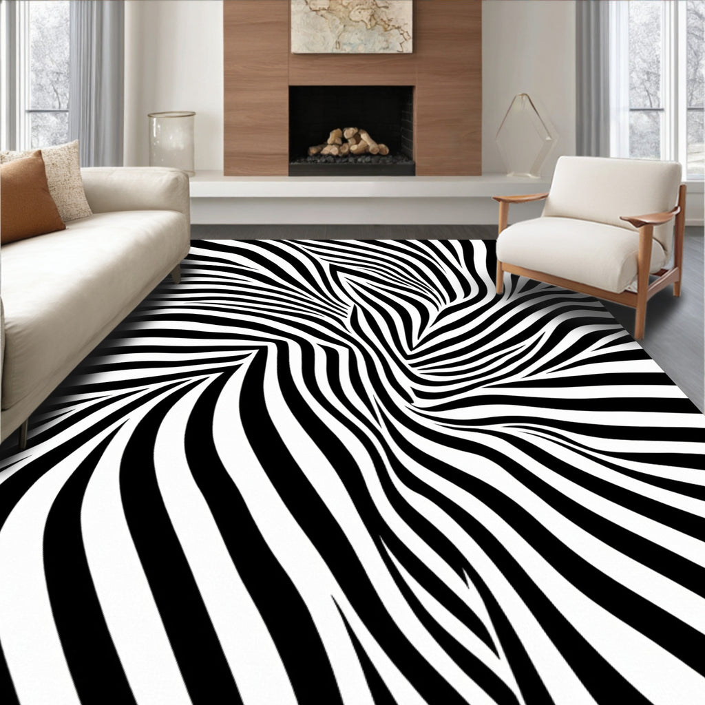 Abstract Black White Striped Illusion Rug