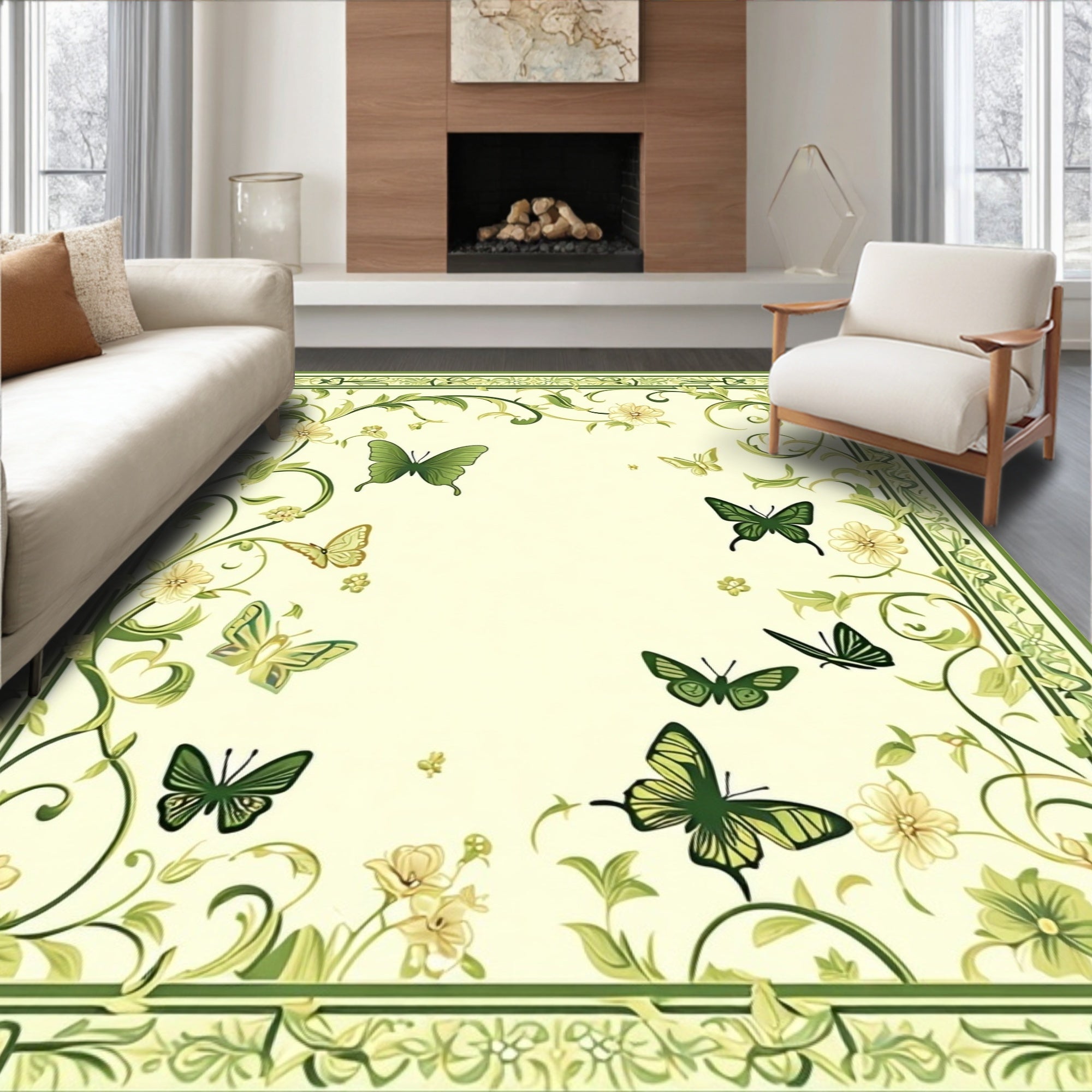 Green Butterfly Floral Scroll Pattern Rug