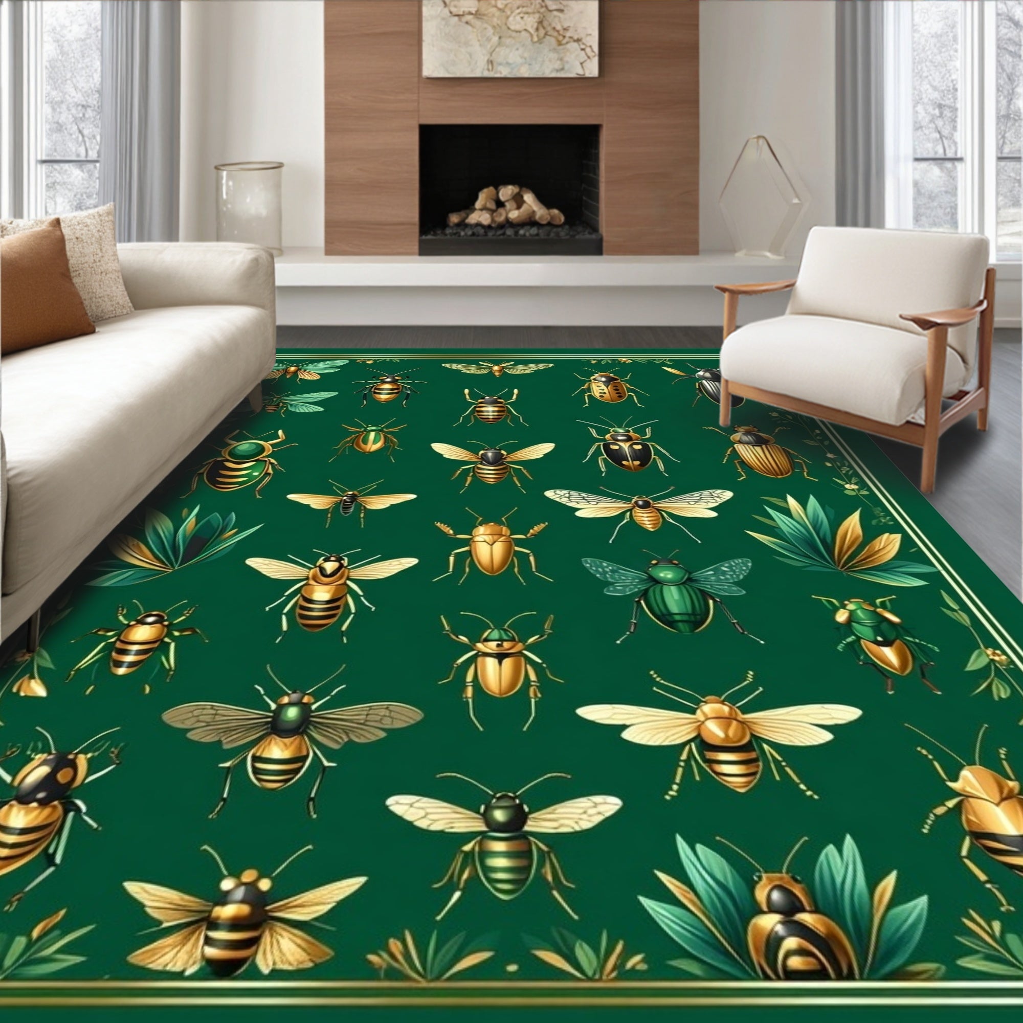 Insects Botanical Pattern Green Golden Rug