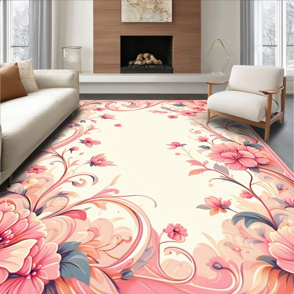 Whimsical Pink Floral Swirl Design Rug