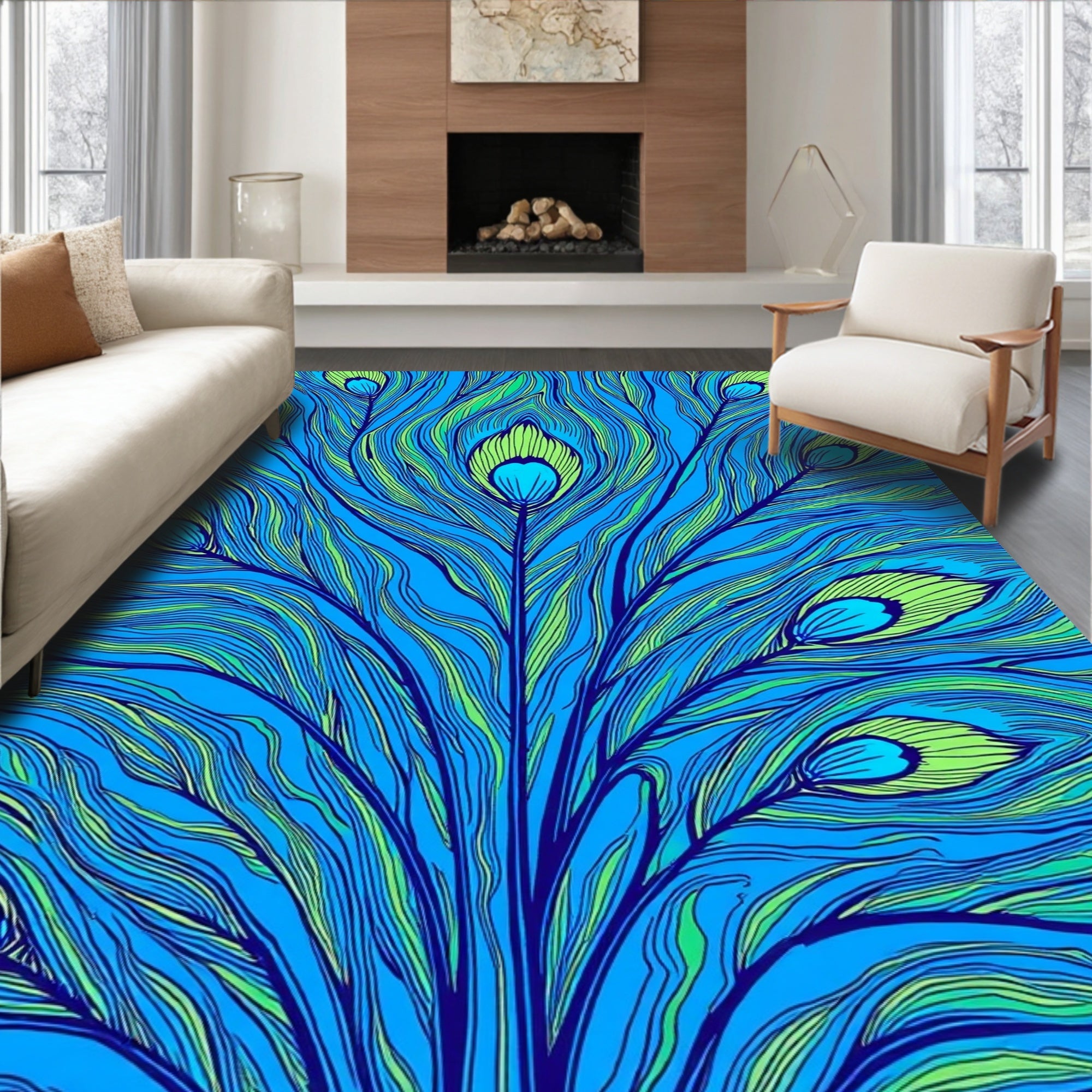 Vibrant Peacock Feather Pattern Rug