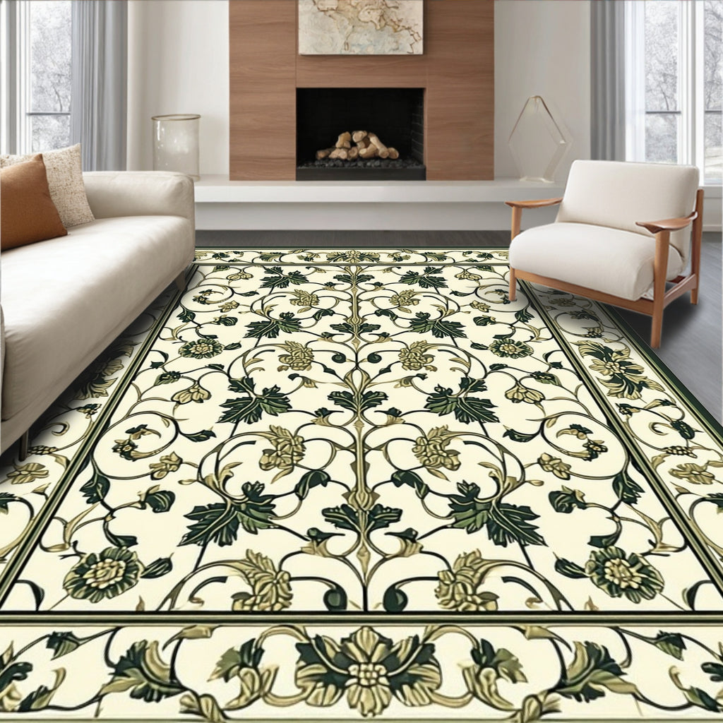 Floral Vine Bordered Cream Rug