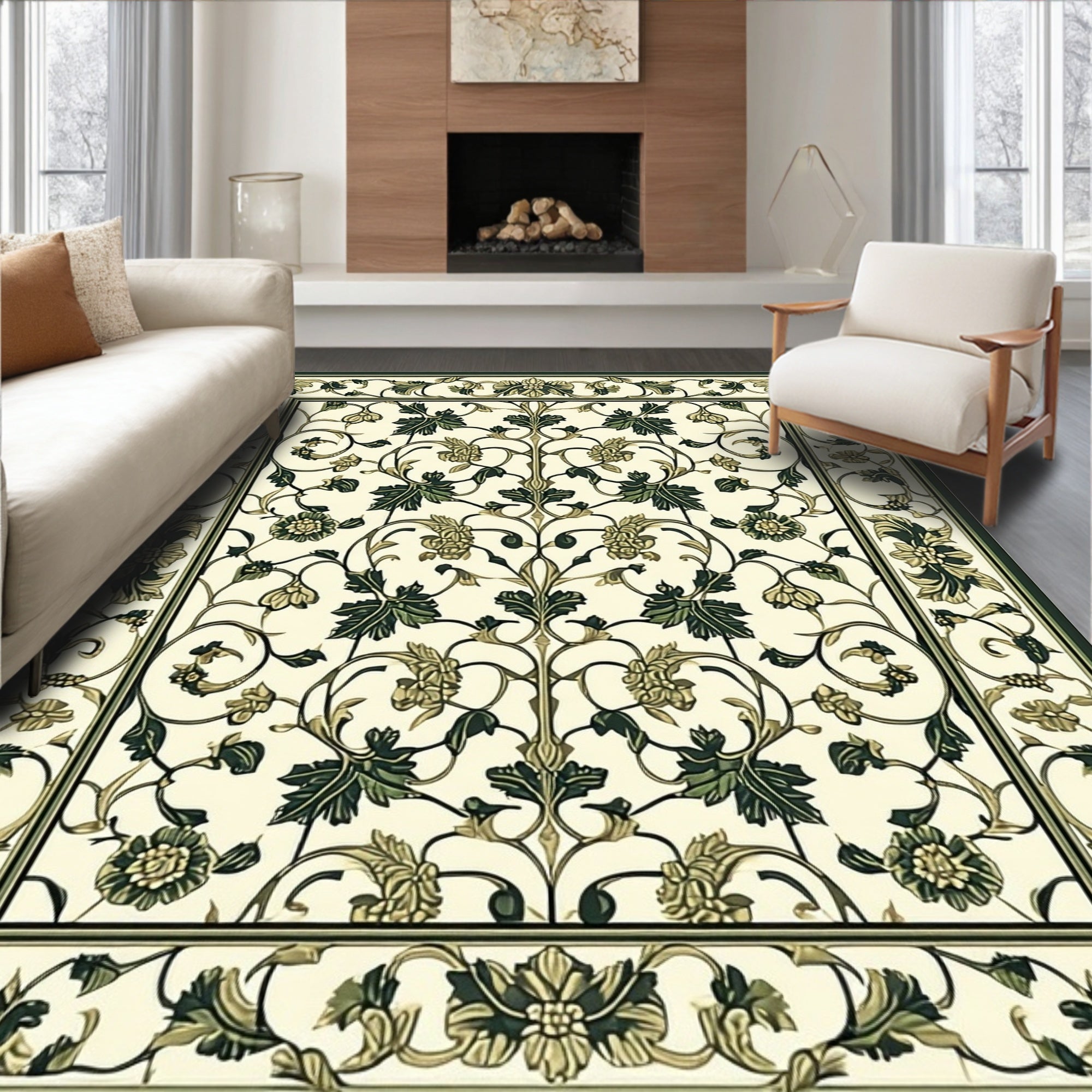 Floral Vine Bordered Cream Rug