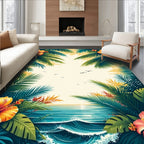 Tropical Hibiscus Palm Leaves Ocean View Rug
