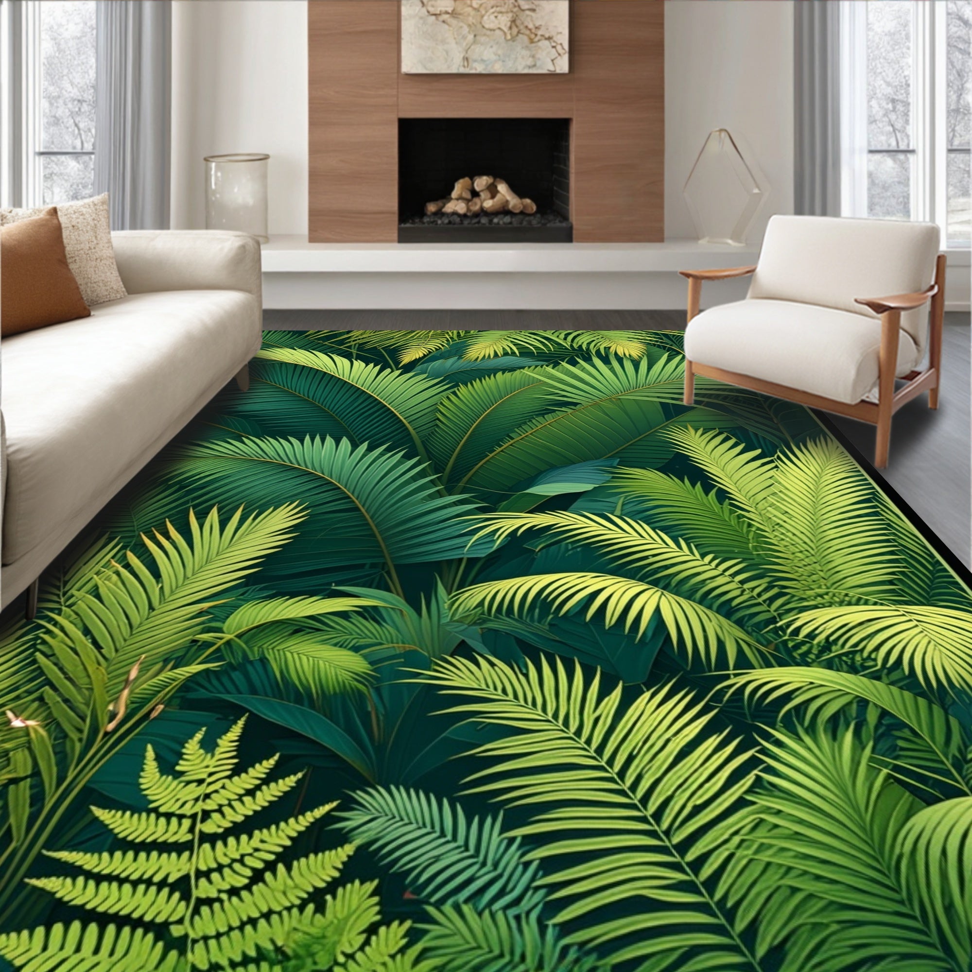 Lush Tropical Jungle Leaf Pattern Rug