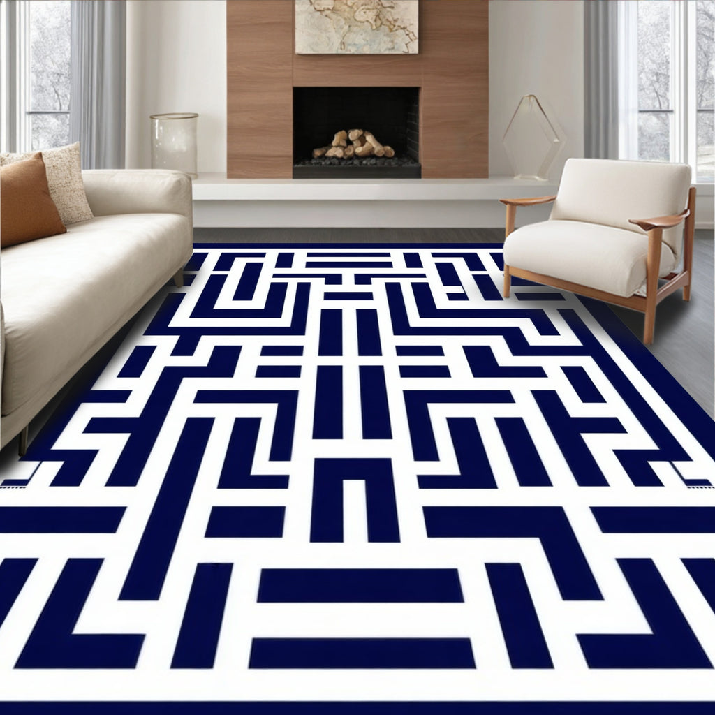 Navy White Geometric Maze Pattern Rug