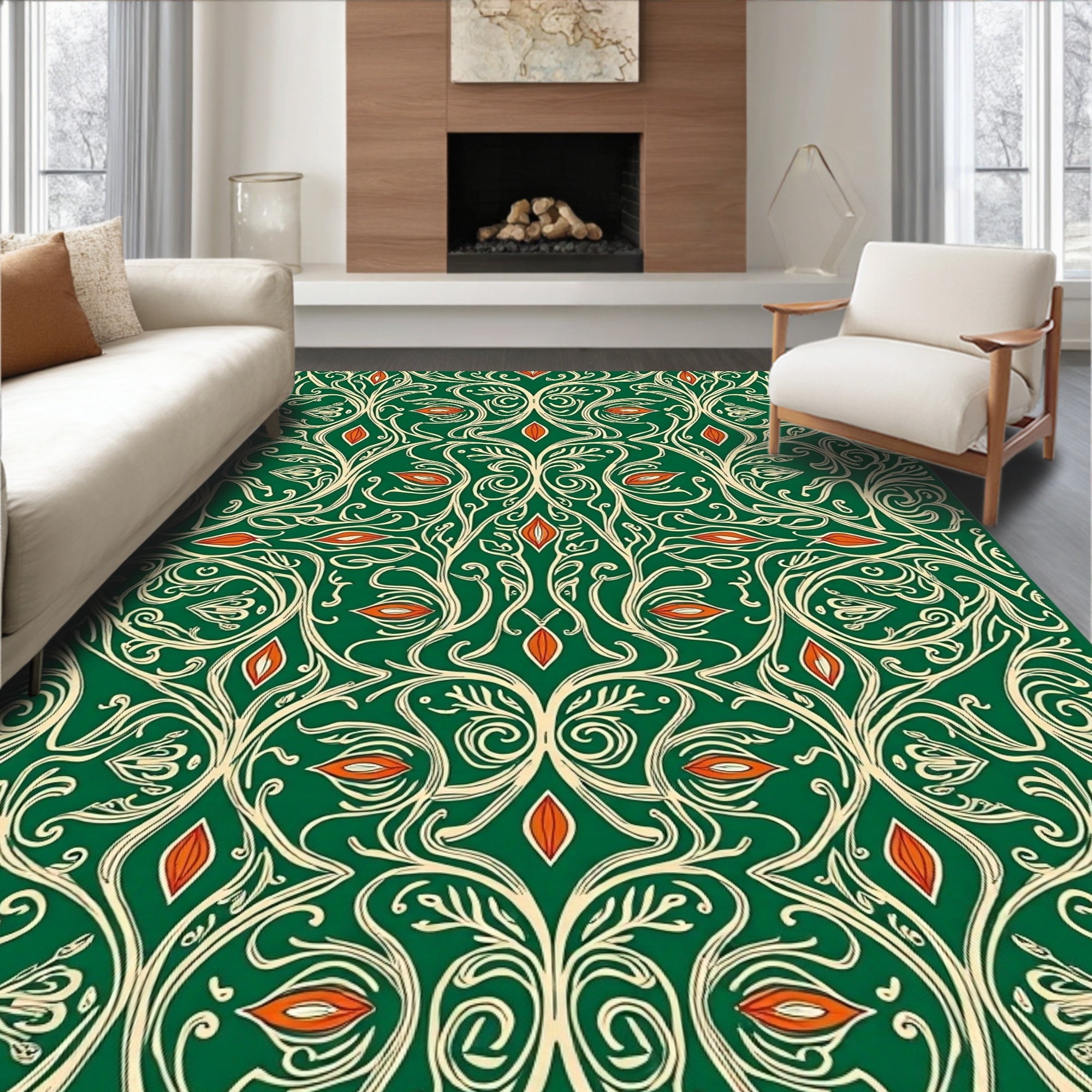Emerald Green Cream Orange Floral Scroll Rug