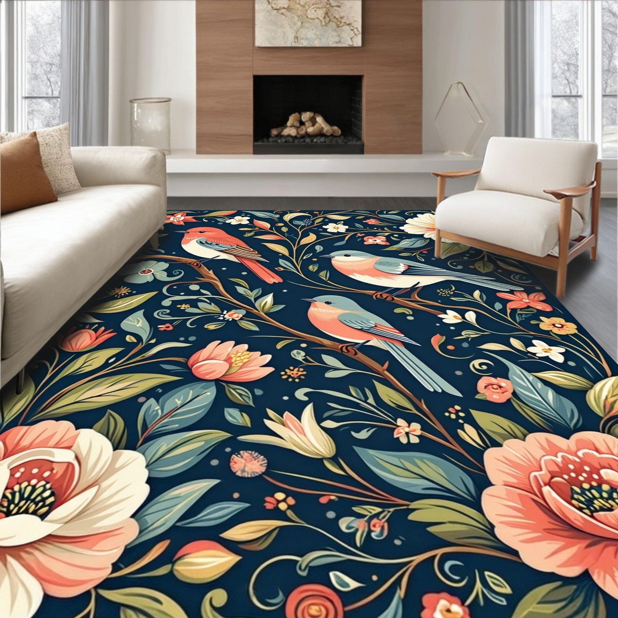 Birds And Blossoms Nature Pattern Rug