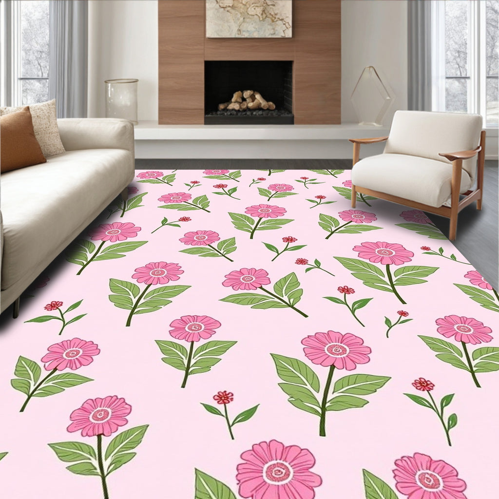 Pink Floral Pattern With Green Leaves Rug