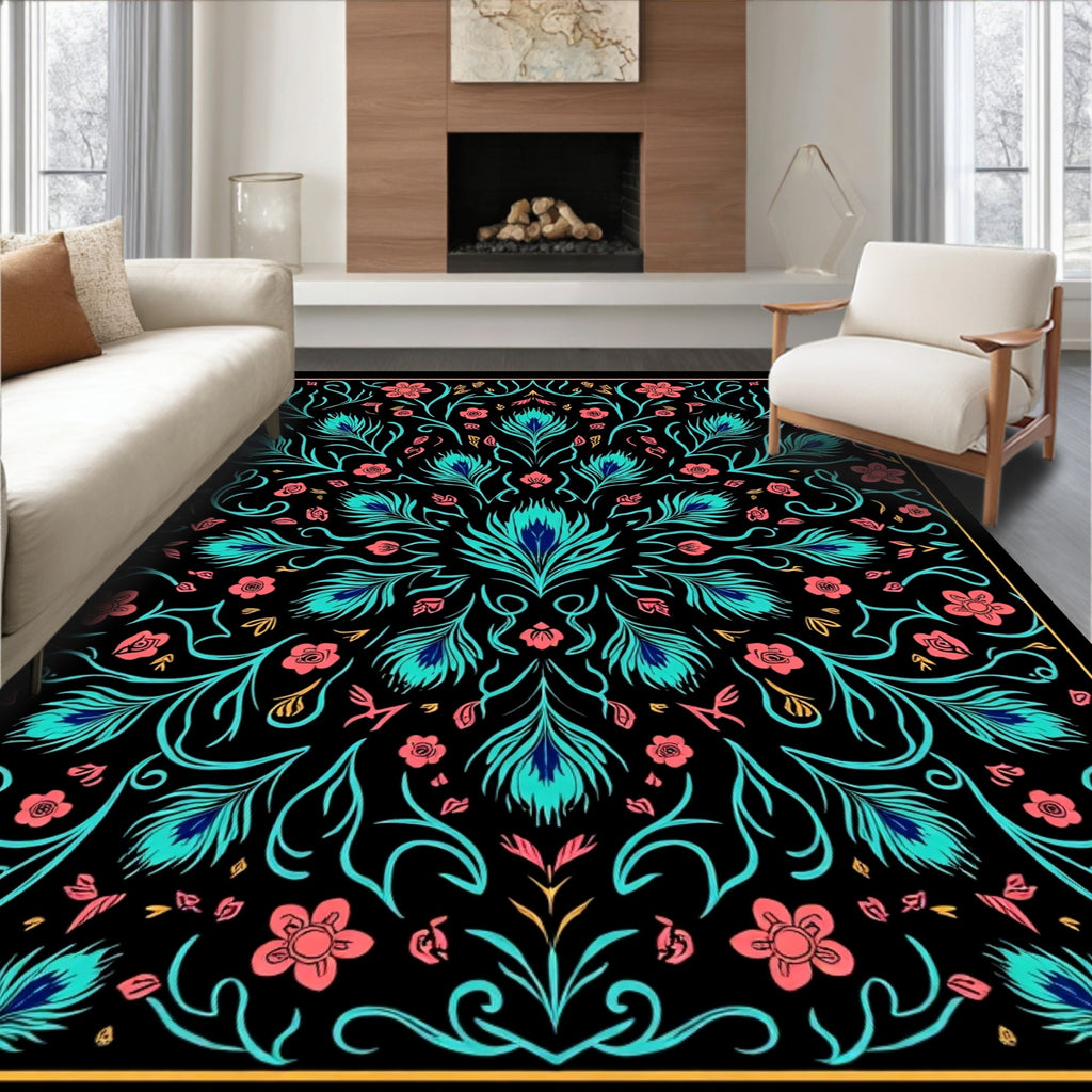 Vibrant Peacock Feather Floral Pattern Rug
