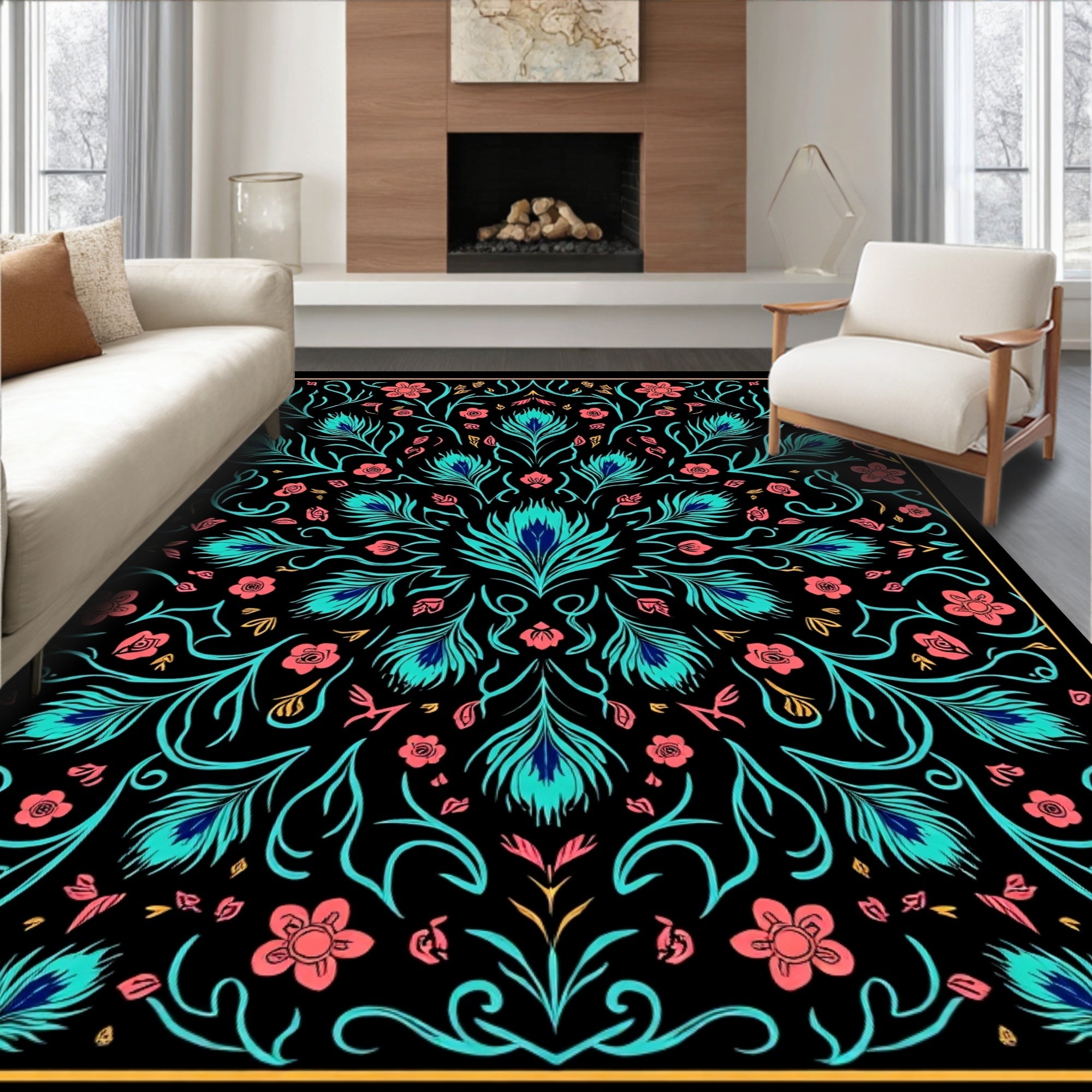 Vibrant Peacock Feather Floral Pattern Rug