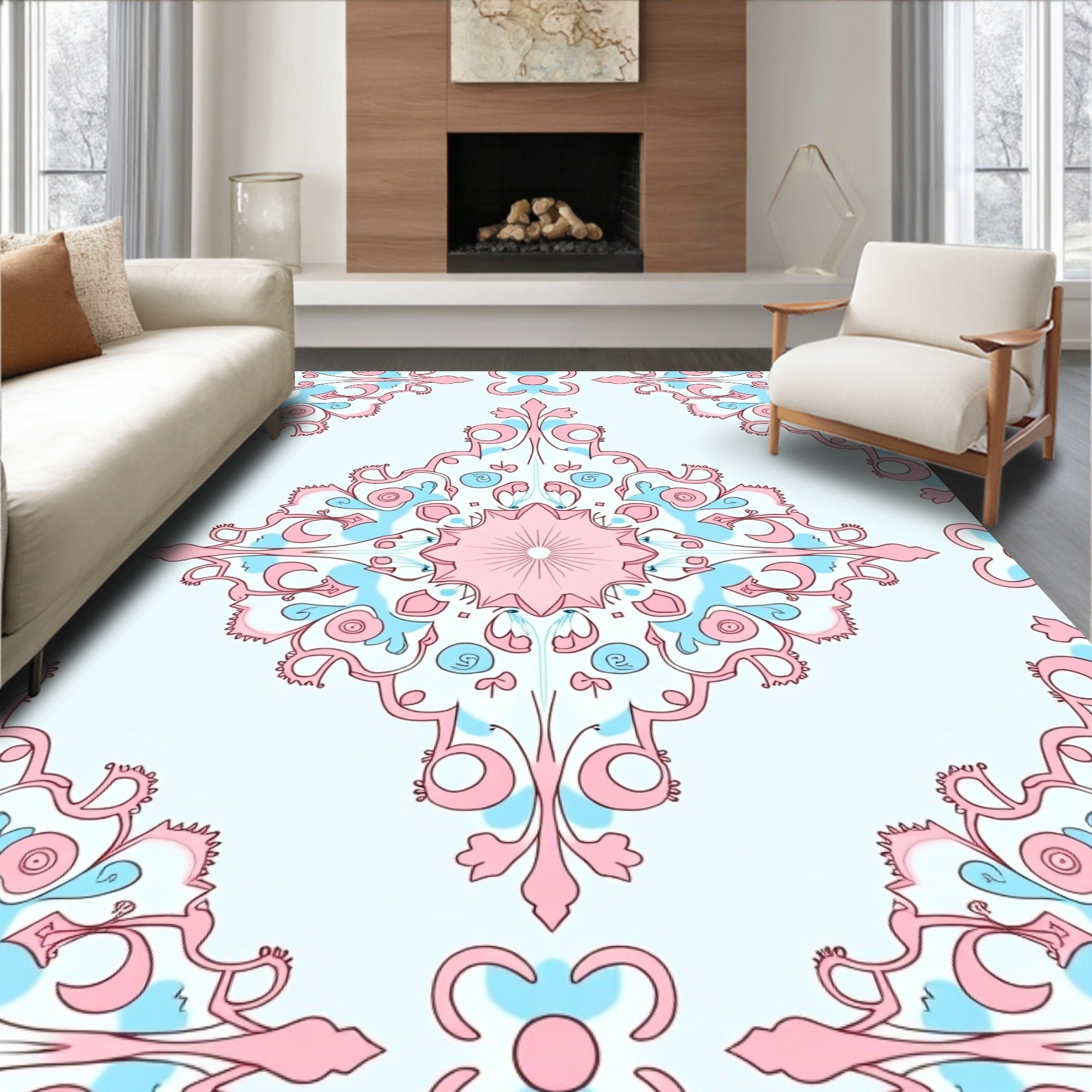 Pink Blue Abstract Floral Medallion Design Rug