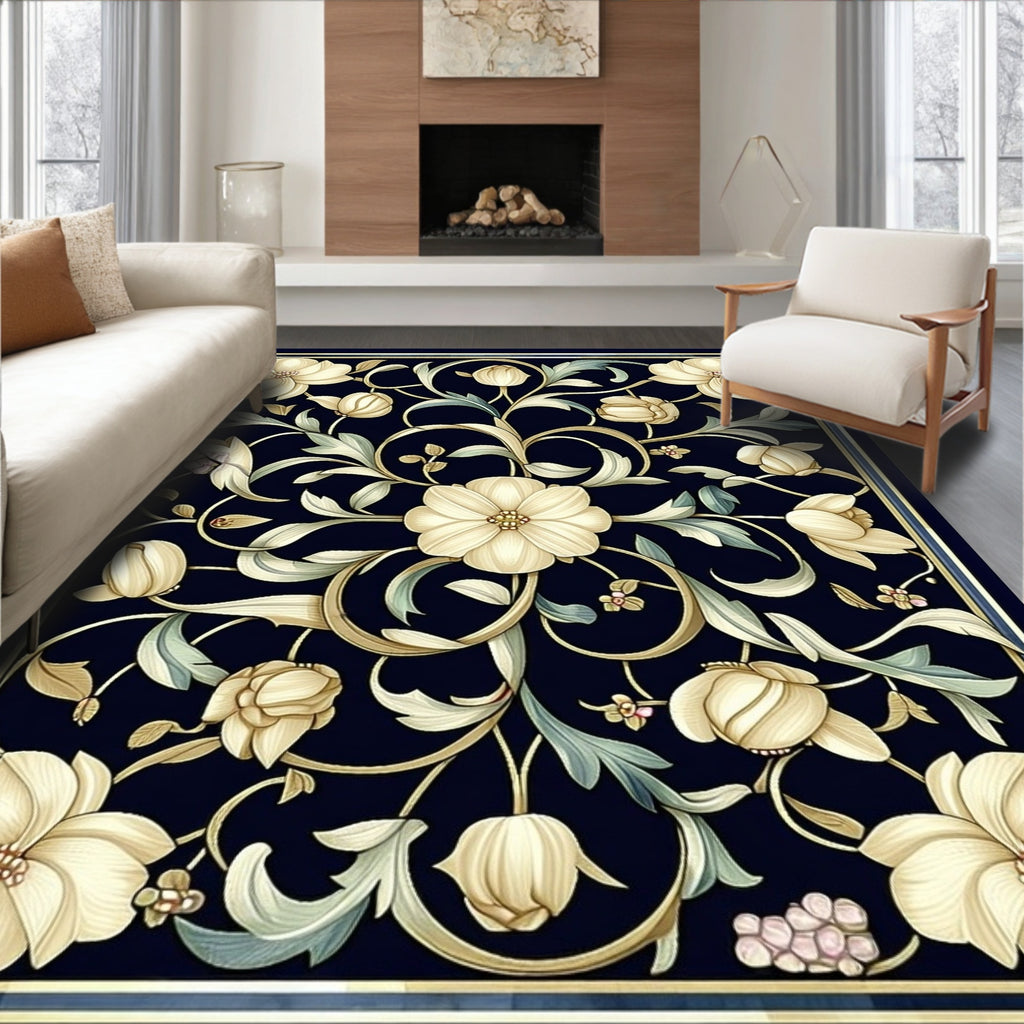 Ornate Floral Scrollwork Dark Rug